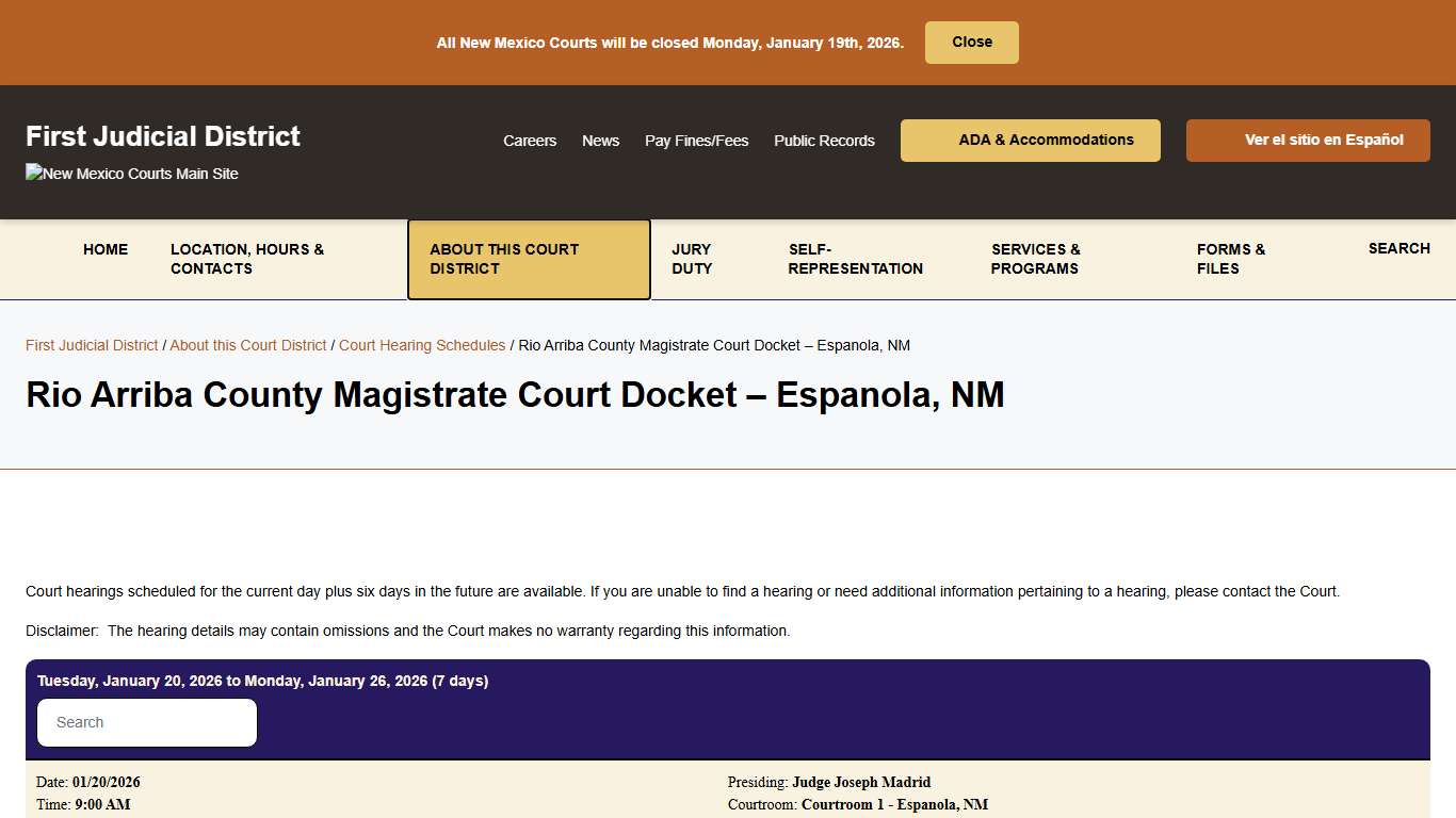 Rio Arriba County Magistrate Court Docket - Espanola, NM - First Judicial District