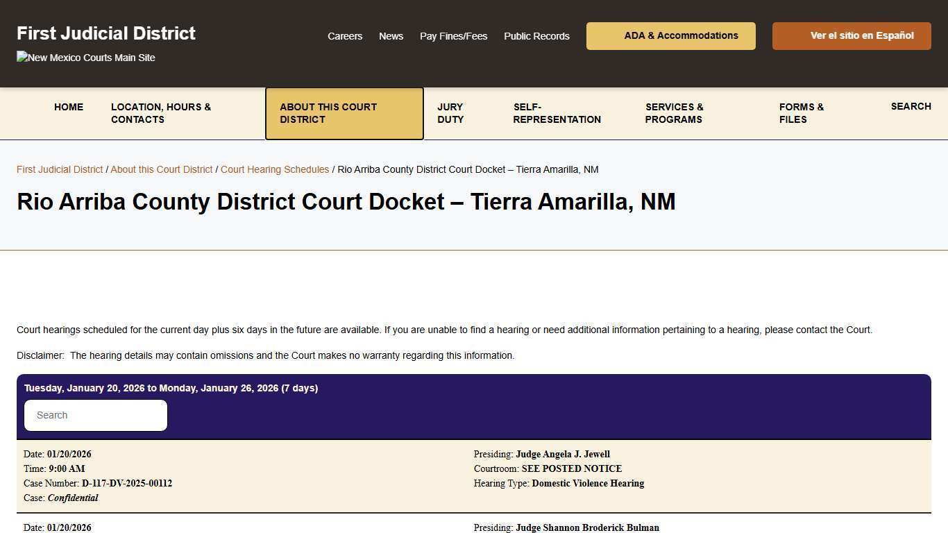 Rio Arriba County District Court Docket - Tierra Amarilla, NM - First Judicial District